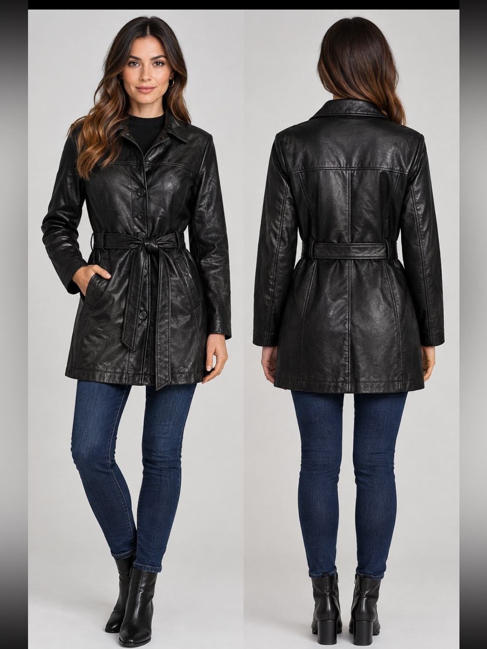 Women's Black Faux Leather Belted Trench Jacket